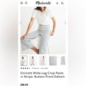 Madewell Emmett wide-leg crop pants in white and blue. Size 28 Tall